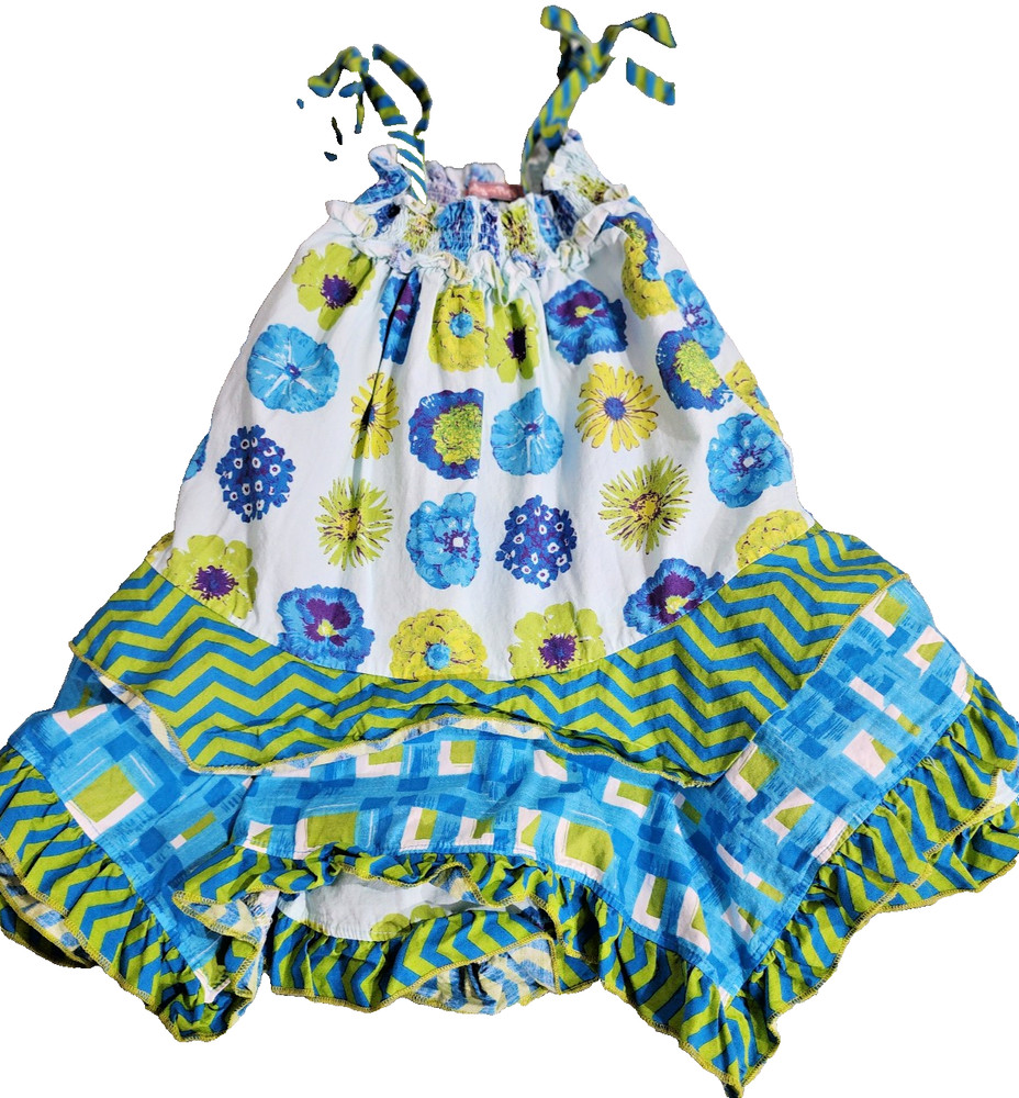 Jelly the Pug girls 6 blue and green floral hankerchief dress
