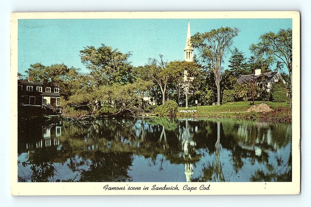 Beautiful Scene of Sandwich Cape Cod Mass Old Water Mill Pond Church Postcard E9