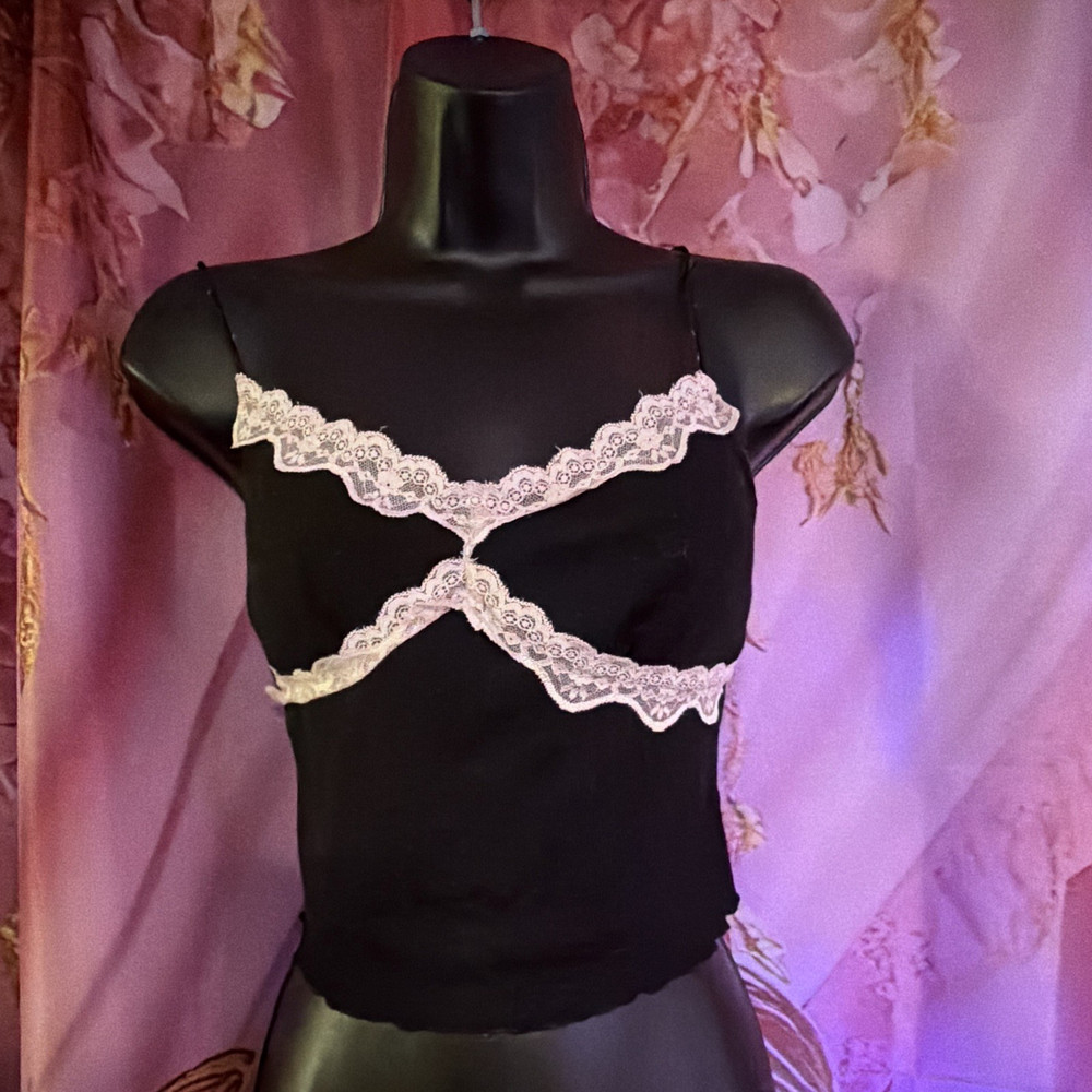 Women's Black Lace Fabric Spaghetti Strap Sleeveless Pullover Camisole Top S