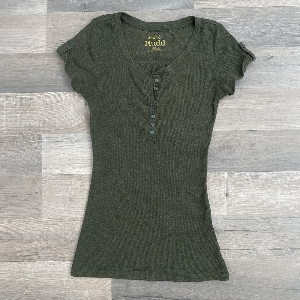 Vintage Mudd Y2K Green Henley Button Knit Short Sleeve T Shirt Womens S