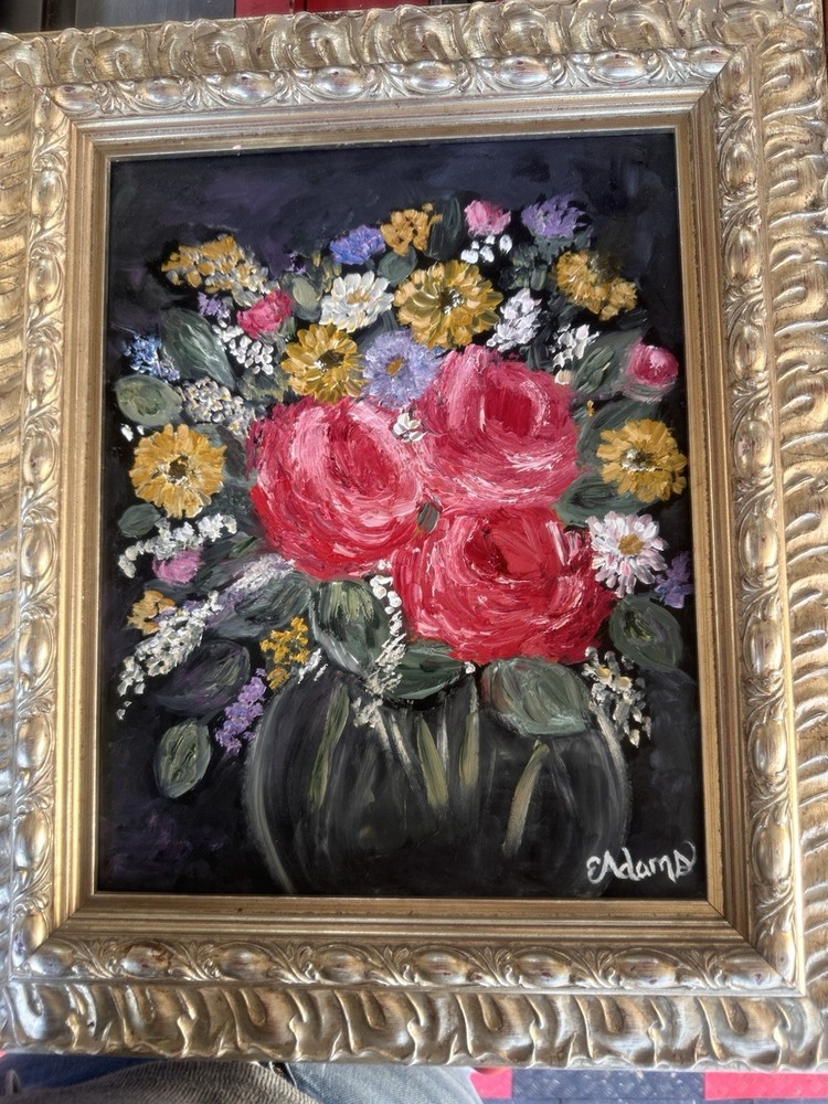Vintage Framed Original Oil Painting Red Roses, Wild Flowers Floral Still Life