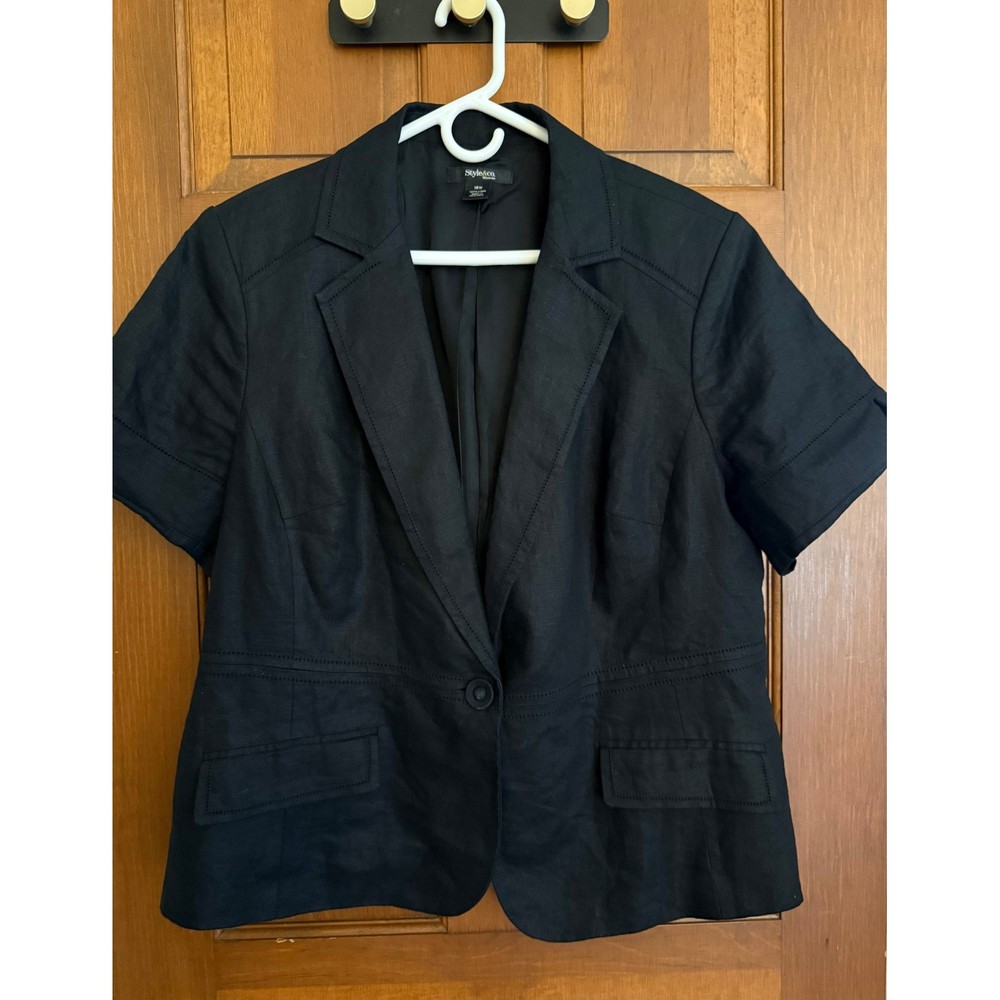 Style & Co. 100% Linen Blazer Jacket Womens 18W Black One-Button Short Sleeve
