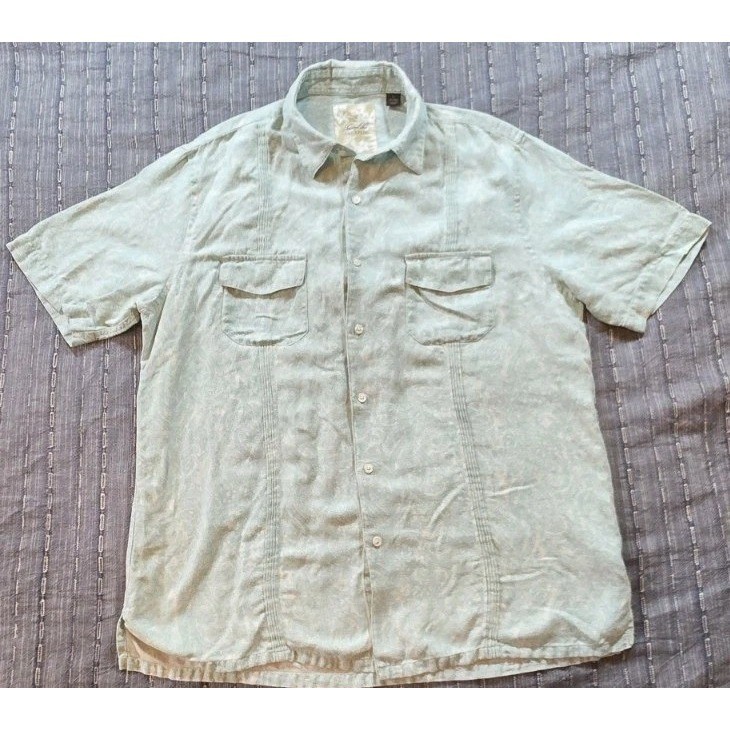 Tasso Elba Island Shirt Mens Large Blue Silk Linen Short Sleeve Button Front