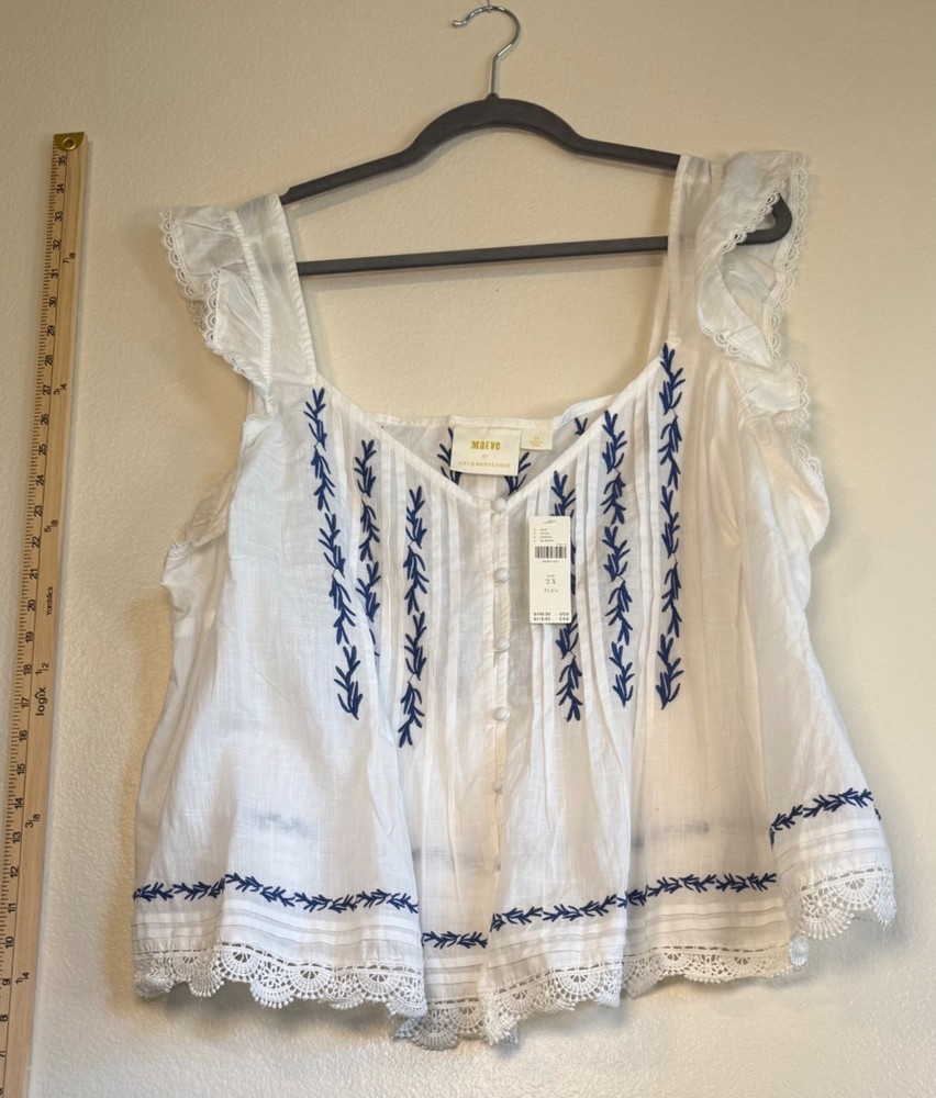 Maeve Anthropologie Embroidered White Lace Trim Boho Tank Top With Tags Size 2X