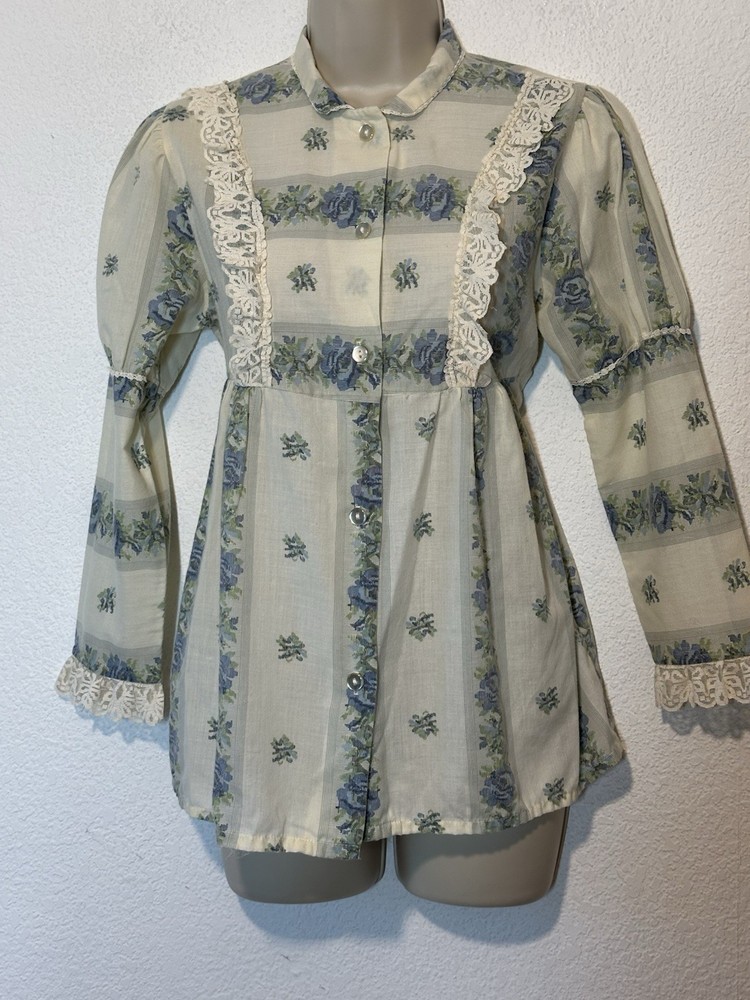 Vtg Babydoll Top Floral Lace Ruffle Bishop Sleeve Cottagecore Prairie M