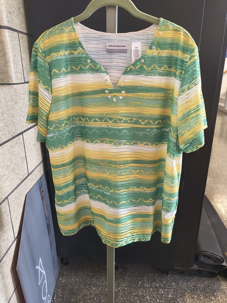 Alfred Dunner Petite Green & Yellow Striped Short-Sleeve Top Shirt
