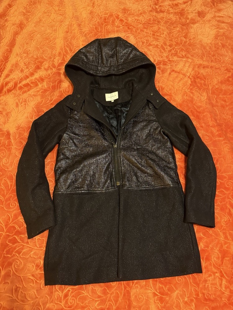 Sandro Black Wool Blend Patent Coat Size M/S 36 Hooded Zip Jacket