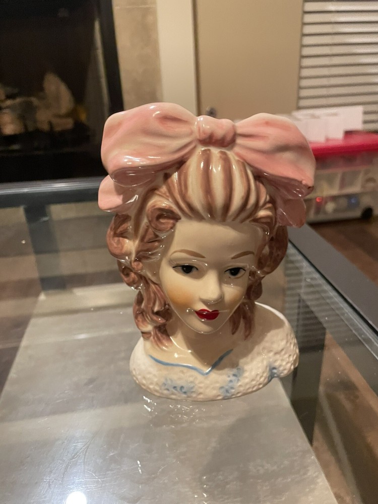 Head Vase Vtg Style Smart Girl Large 7” Big Pink Bow Teen Lady Headvase