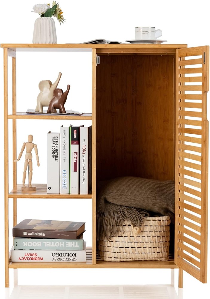 Bamboo Bathroom Storage Cabinet with Doors and Shelves for Floor