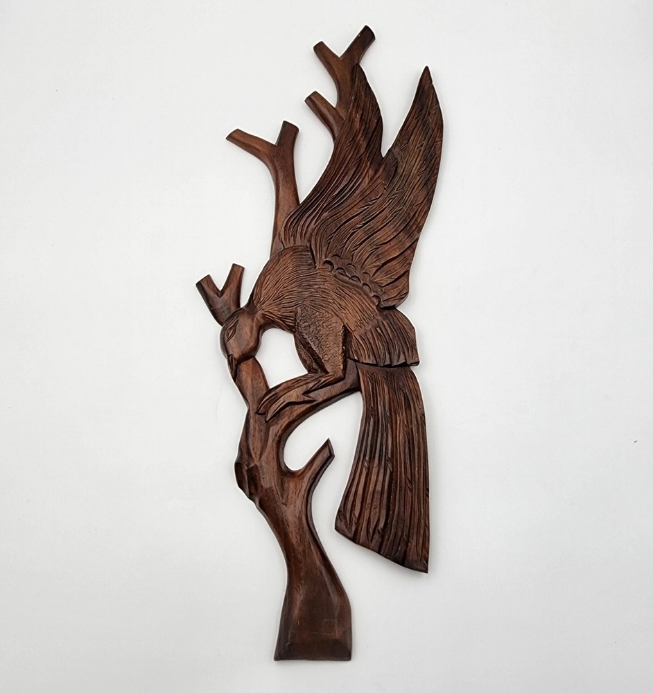 Wood Wall Hanging Sculpture Perched Bird Hand Carved Art Solid Wood Vintage 30