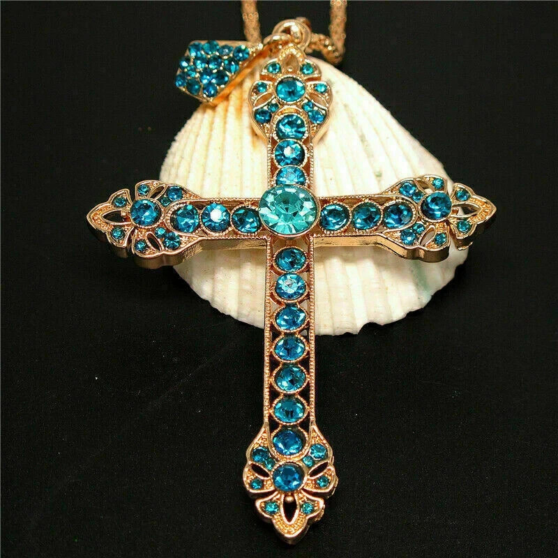 3Ct London Blue Topaz Cross Pendant in 14K Rose Gold with Free Chain