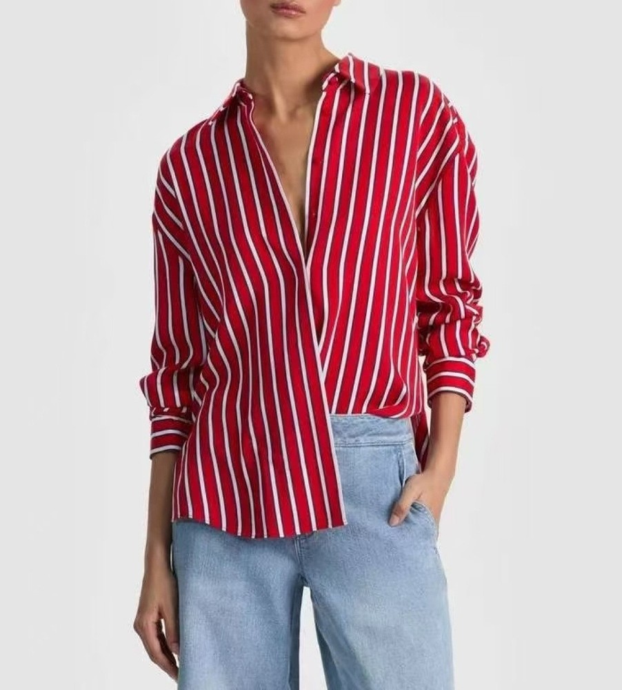 Women Alice + Olivia Collared Striped Long Sleeve Blouse Top