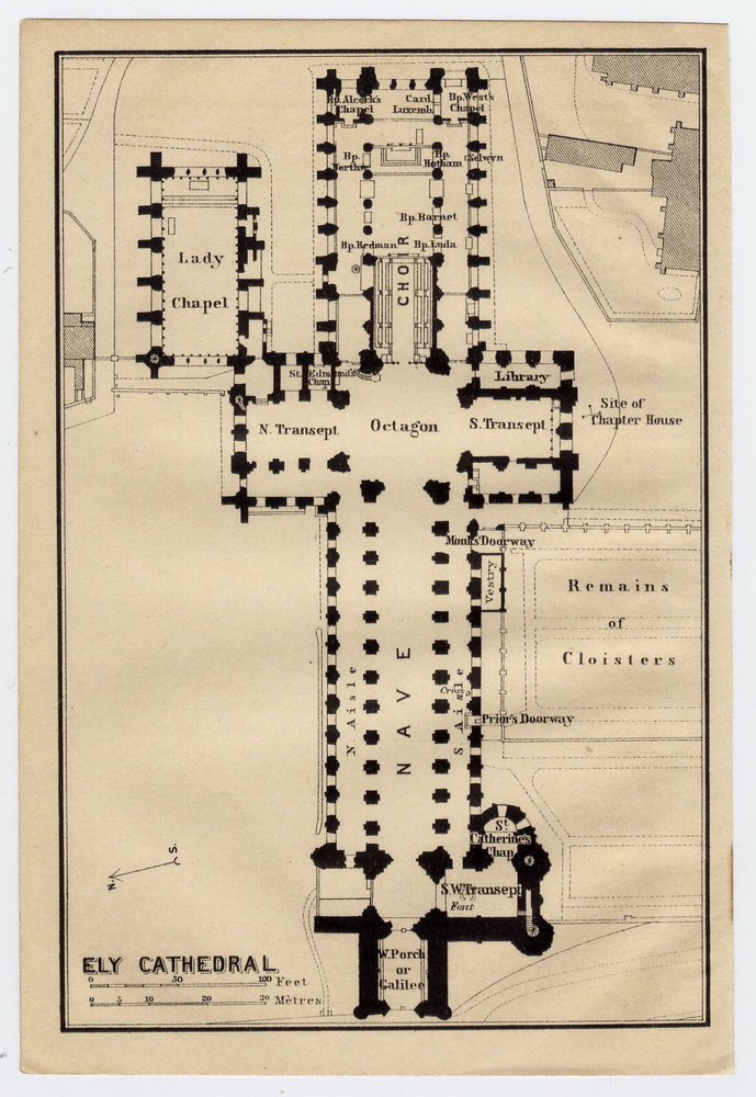 1910 Original Antique  Plan Of Ely Cathedral / Cambridgeshire England