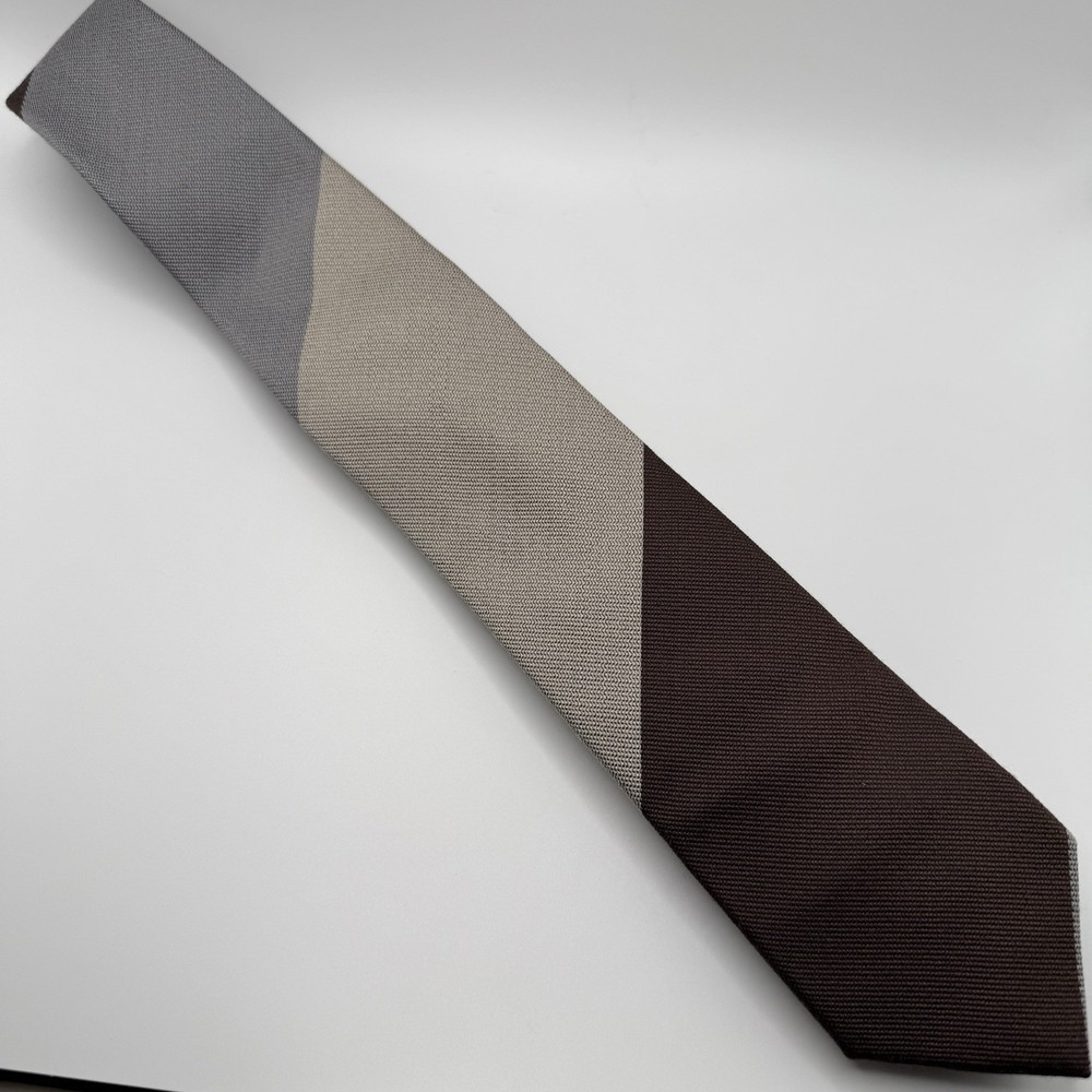 The Tie Bar Brown / Beige / Gray Wool/Silk Blend Striped Narrow Tie 2.75”x59”