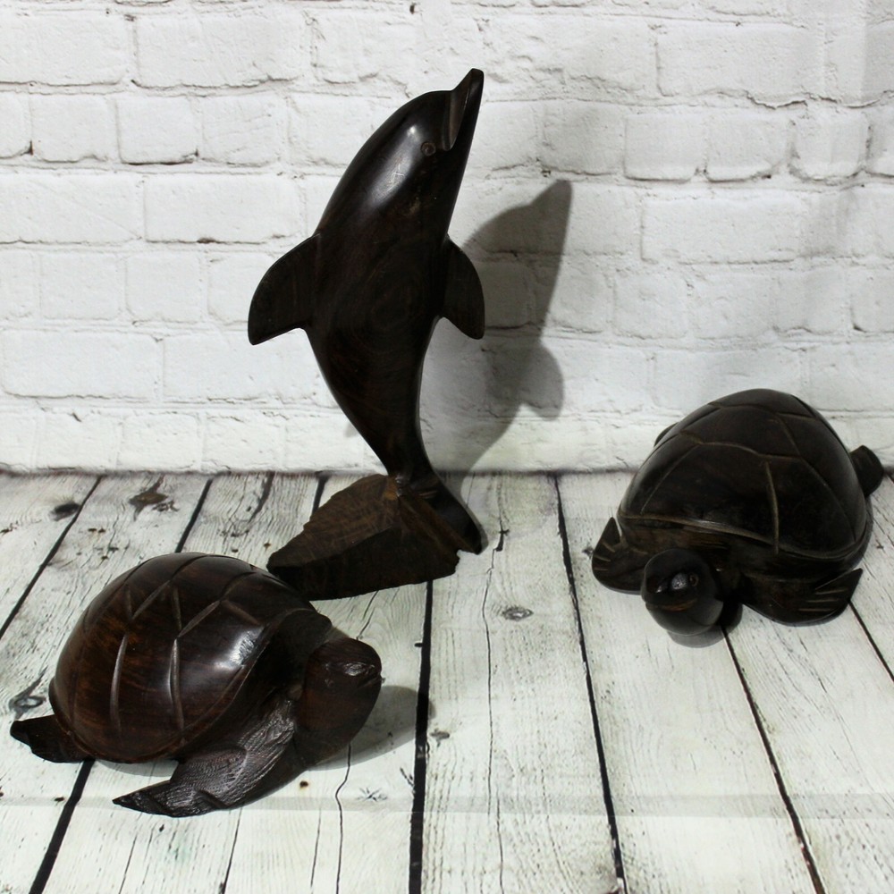 Wood Sea Animal Figurines - 1 Dolphin & 2 Turtles