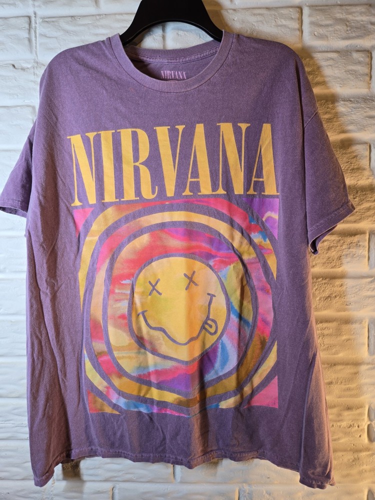 Nirvana Purple Graphic Band T-Shirt Size Large Smiley Face Tie Dye Oversized Gru
