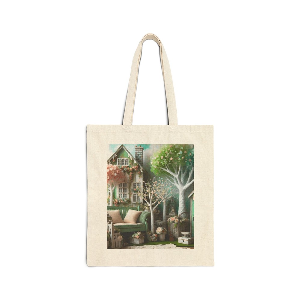 Whimsical Shabby Chic Cotton Canvas Tote Bag with Cottage and Trees Design - Perfect Gift