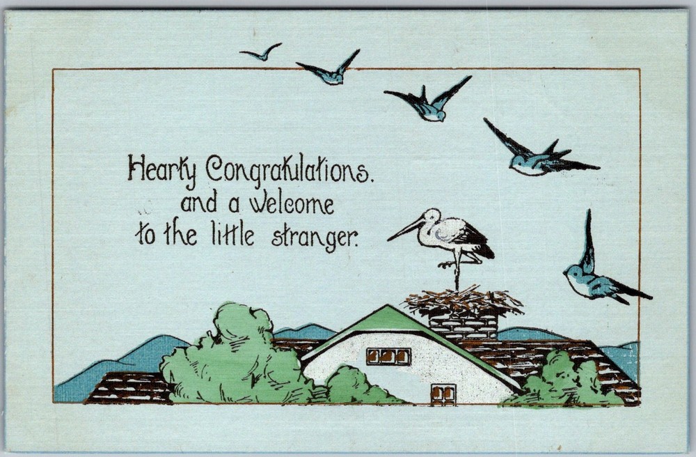 Vtg Postcard Stork New Baby 1940s