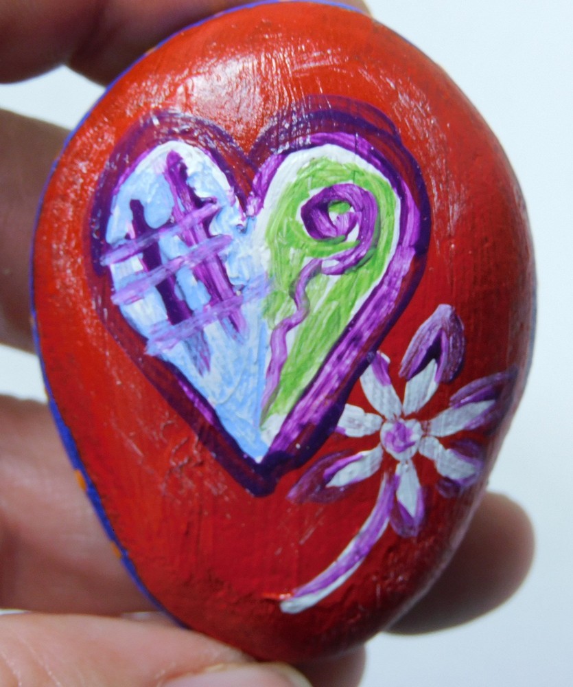 Hand painted rock Stone art Hearts & flowers 2 sided painting for home or garden