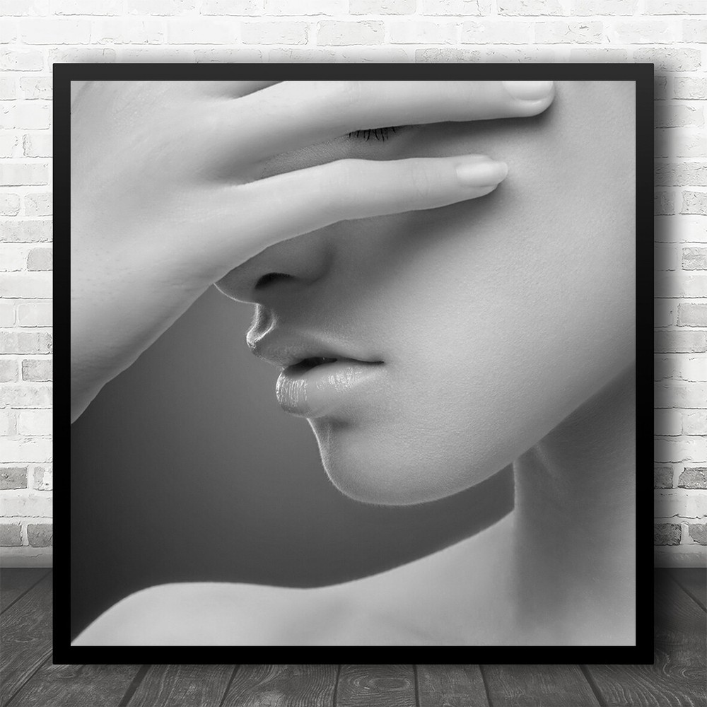 White Face Skin Portrait Hand Shy Hide Hidden Lips Sensual Square Wall Art Print