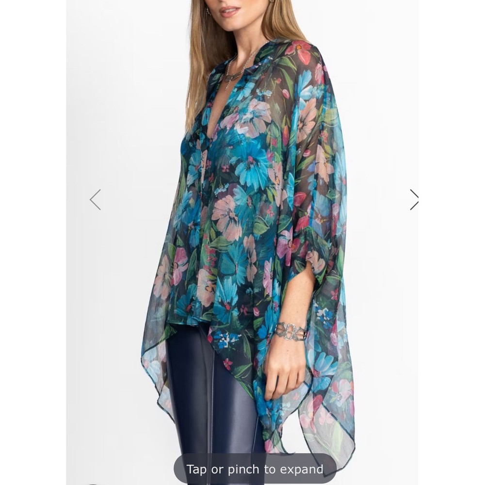 Johnny Was Jade KATIA OVERSIZED BLOUSE 100% silk floral boho sheer sz L/XL