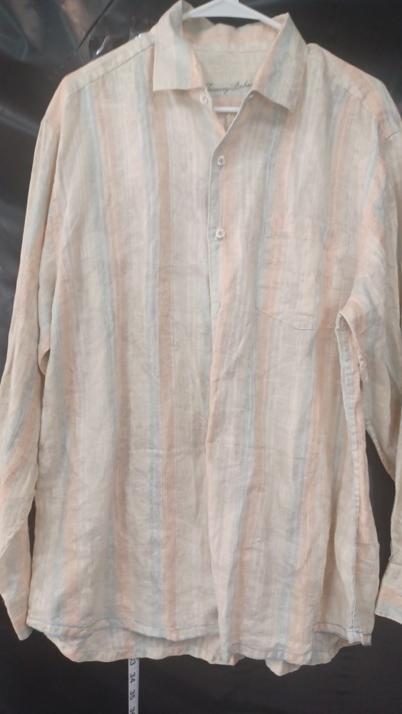 Tommy Bahama Mens Large 100% Linen Tropical Pastel Shirt Coral blue tan L stripe
