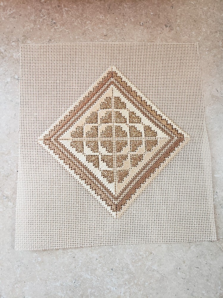 Stitched Needlepoint Canvas Gold Diamond Square Heart Design  