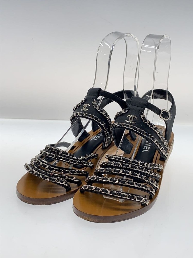 Authentic CHANEL Platform Sandal Wood Sole Chain Motif EU 37.0 Black F/S Used