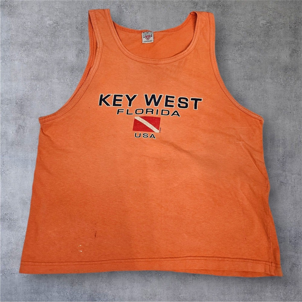 Vintage Orange Key West Florida USA Dive Flag Graphic Muscle Tank Top Mens Large