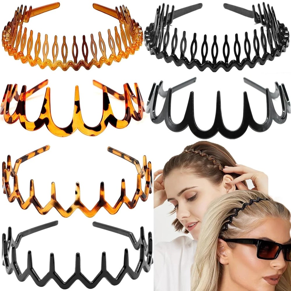 6 PCS Zig Zag Headbands Plastic Wavy Hair Head Band Comb with Teeth Hoop Accesso
