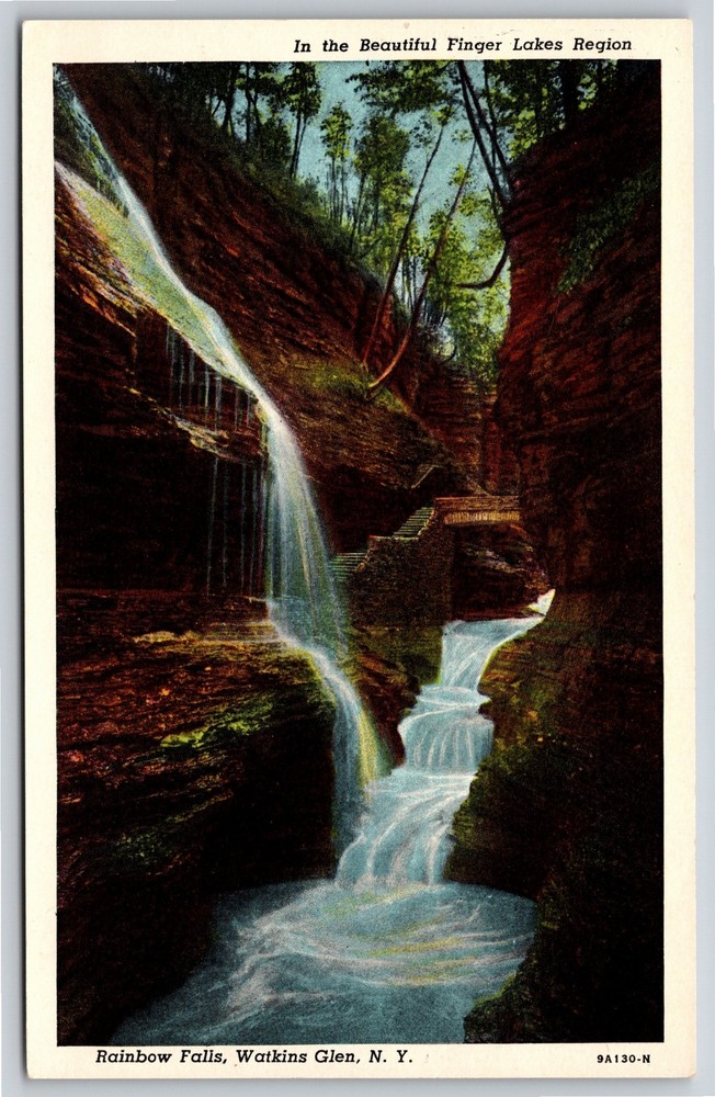 Watkins Glen New York~Rainbow Falls @ State Park~American Art~Vintage Postcard
