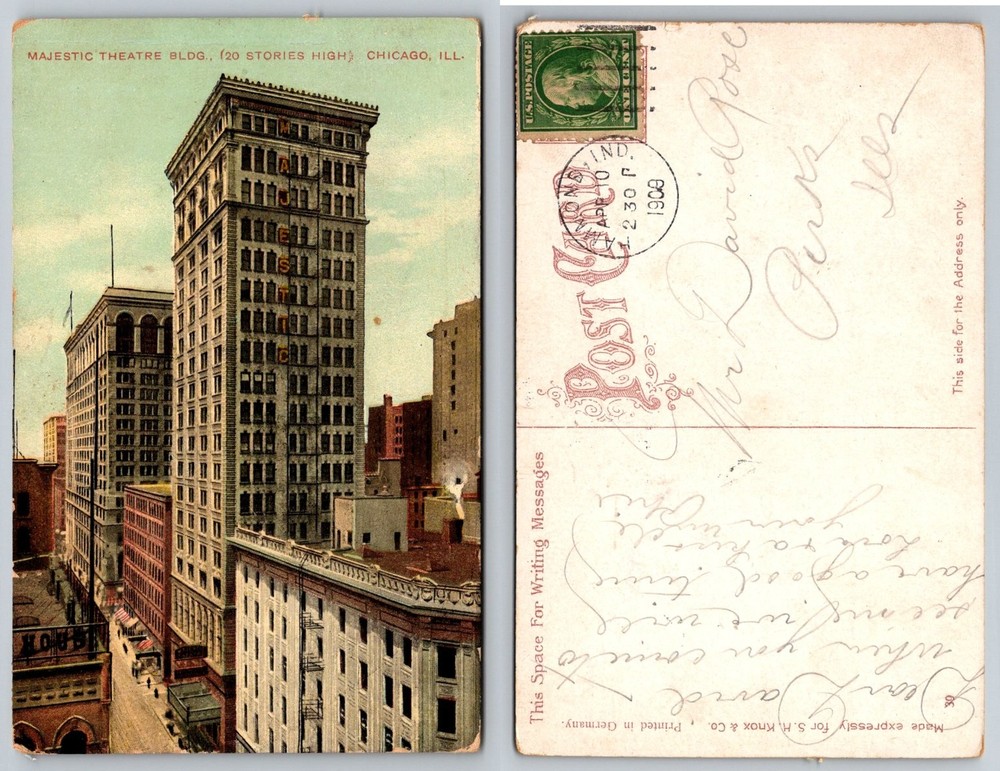 Majestic Theatre Building Chicago Skyscraper Postcard 1908 Postmark