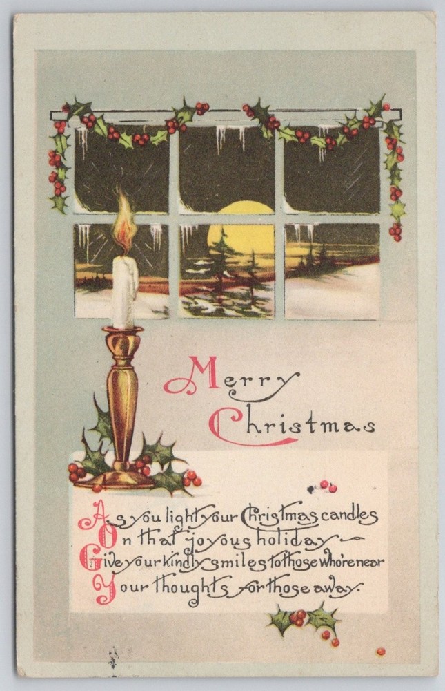 Vintage Christmas Postcard Lewisburg PA Candle Window Winter Scene 1900s