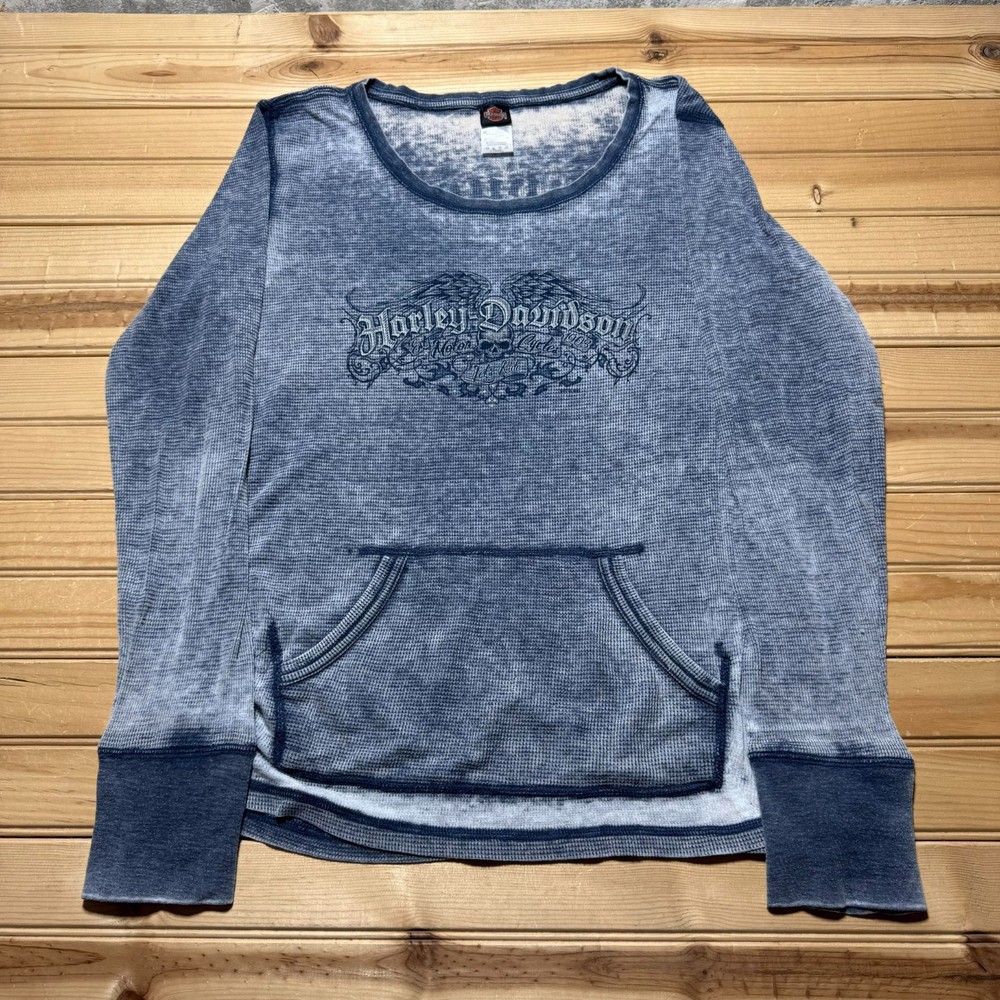 Vintage Y2K Harley Davidson Thermal Waffle Knit Dubuque IA Skull Wings Shirt XL