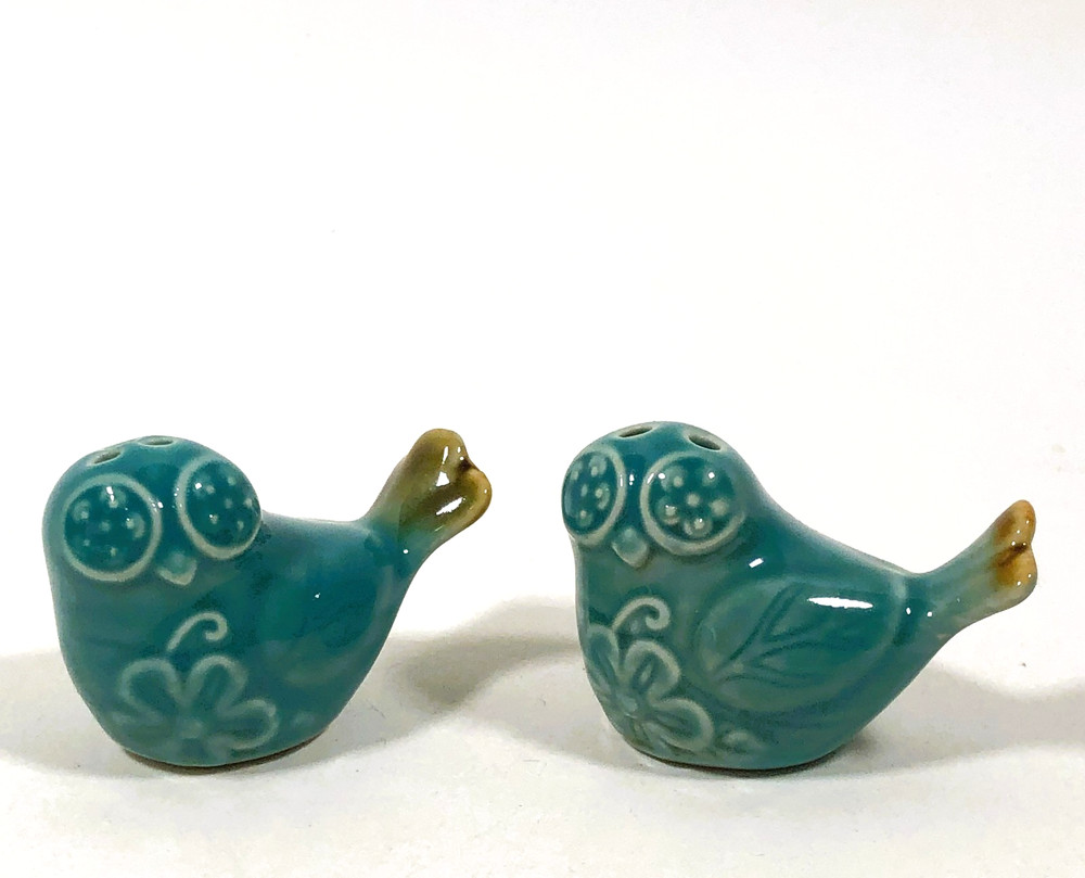 Teal Mini Owl Ceramic Salt & Pepper Shakers w/ Stoppers Set