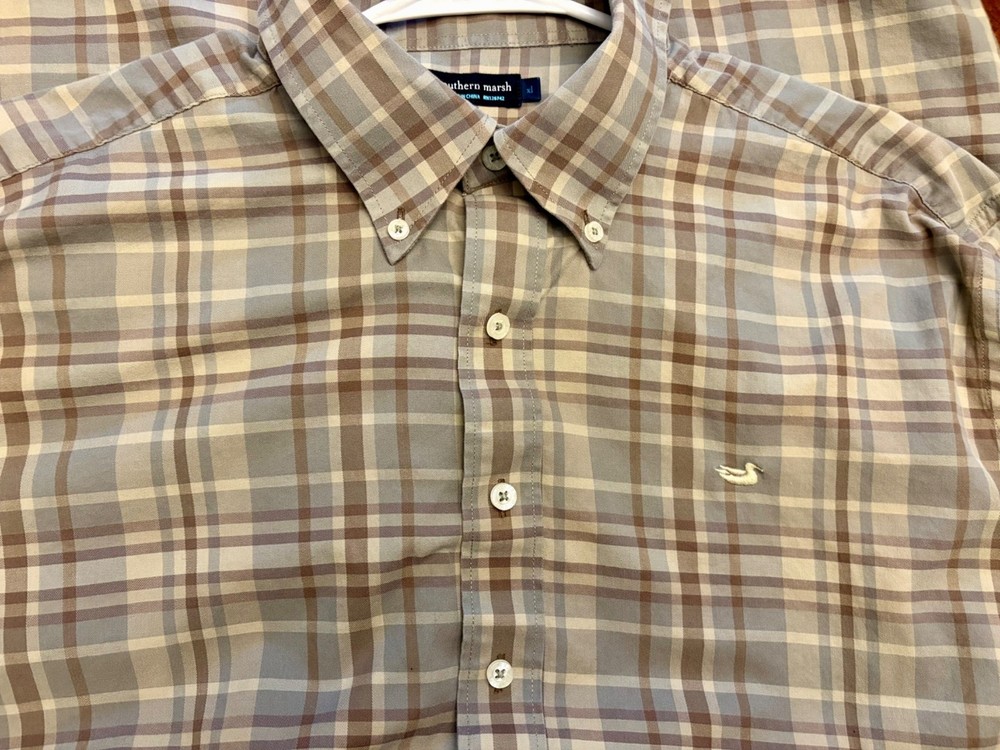Southern Marsh Men's Button Down Shirt Plaid Long Sleeve Size XL Tan Gray
