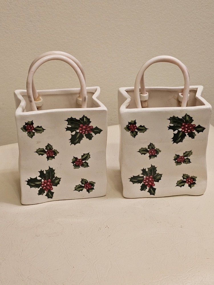 Vtg Lefton Christmas Ceramic Holly Berry Design Gift Bag Set Of Two