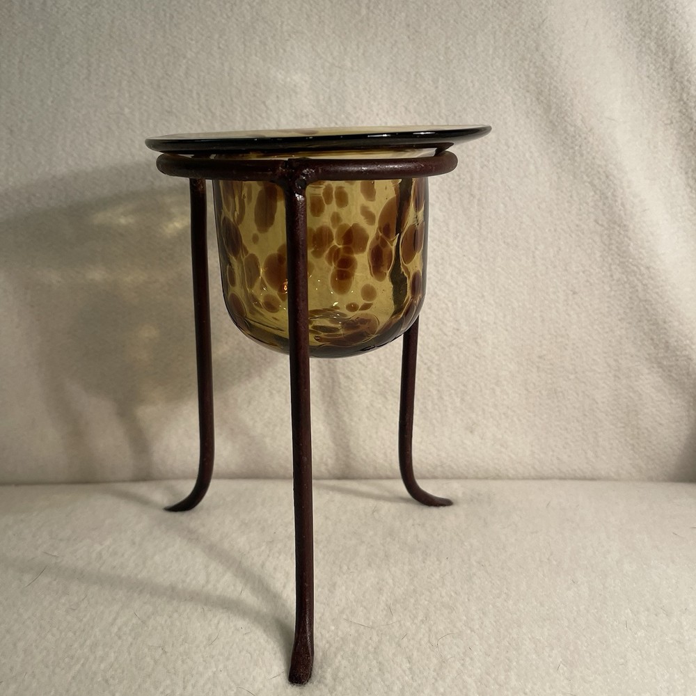 Hand Blown Tortoise Glass Votive Candle Holder with Brown Wrought Iron Stand