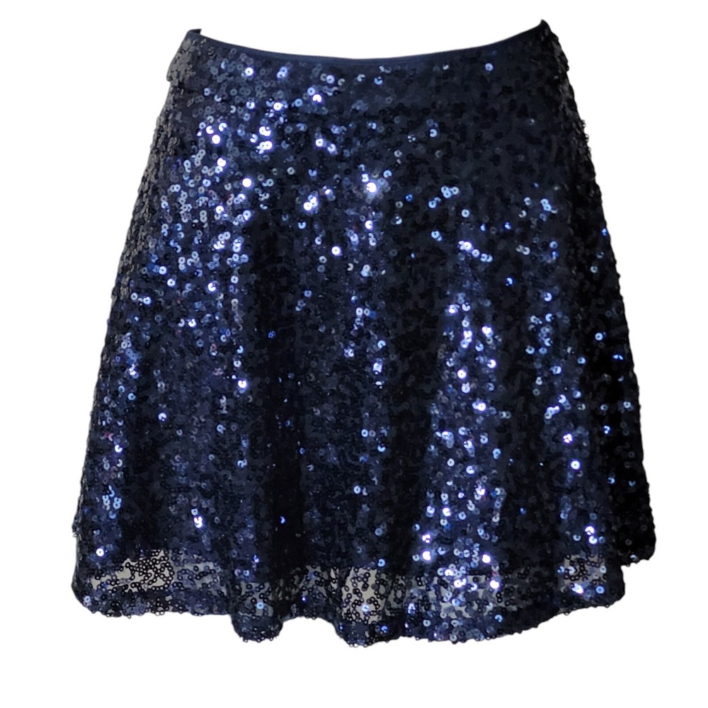 Forever 21 Womens Blue Black Sequin Mini Skirt Small Club Sparkle Flare Short