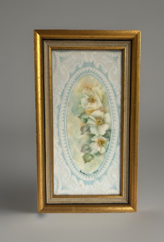 Hand Painted Porcelain Tile•Floral Plaque•Framed Picture Wall Hanging•FarmhouseSigned And Dated By The Artist•1982•Cottagecore