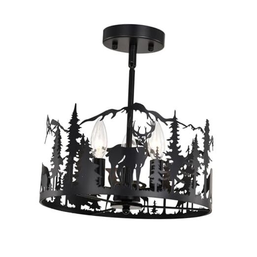 Rustic Black 3-Light Semi Flush Mount Ceiling Fixture with Deer Bear Design E12 Base