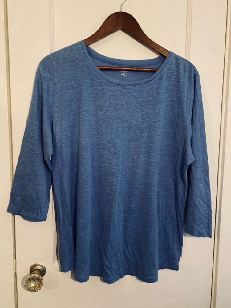 Loft Sz XL 100% Linen T-Shirt Top Round Hem Blue