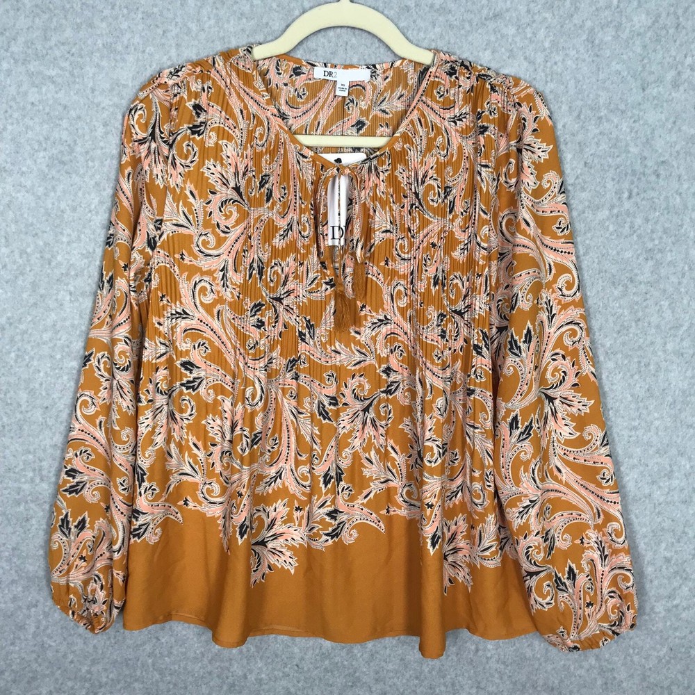 DR2 Anthropologie Blouse Womens XS Orange Top Paisley Pleated Flowy Boho Peasant