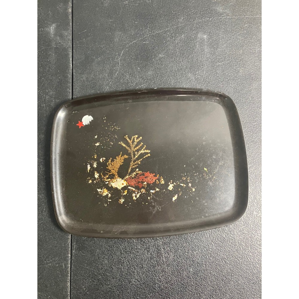 Couroc of Monterey Vintage MCM Tray Abalone Coral Seaweed Inlay Black Rectangle