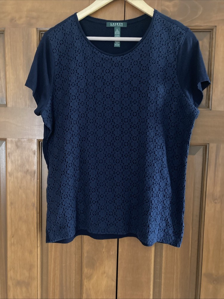 Lauren Ralph Lauren Navy Blue Lace Front Short Sleeve Blouse Top Women’s Size XL
