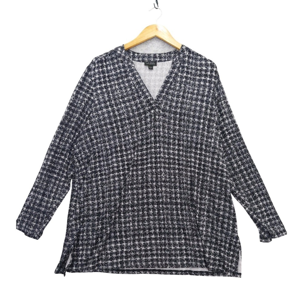 J. Jill Wearever Tunic Women XL Black White Tweed Print V-Neck Long Sleeve Top