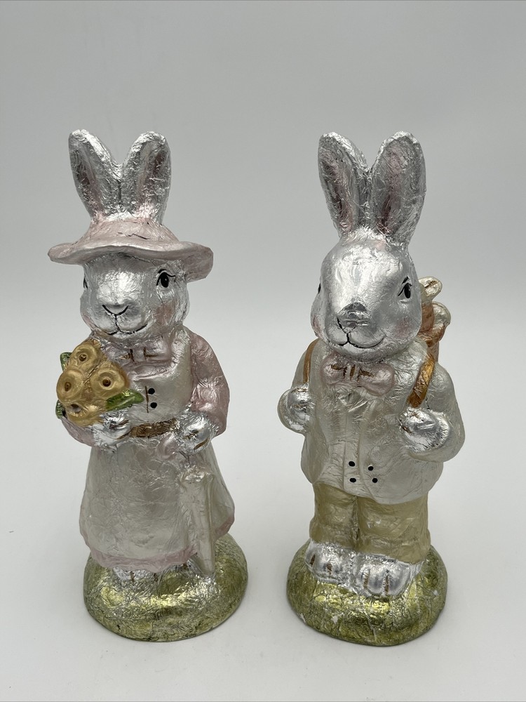 SET PAIR OF 2 GANZ FAUX SILVER FOIL WRAPPED BUNNY RABBIT BUNNIES EASTER FIGURINE