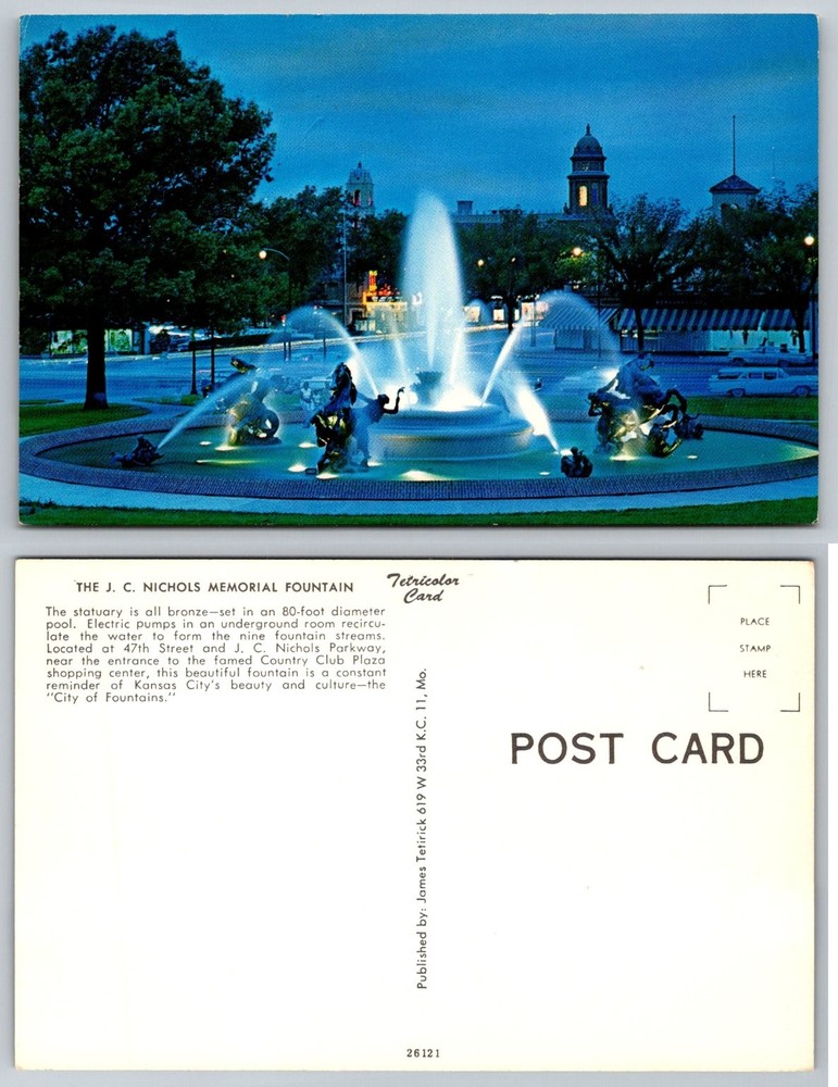J.C. Nichols Memorial Fountain Kansas City MO Night View Vintage Postcard