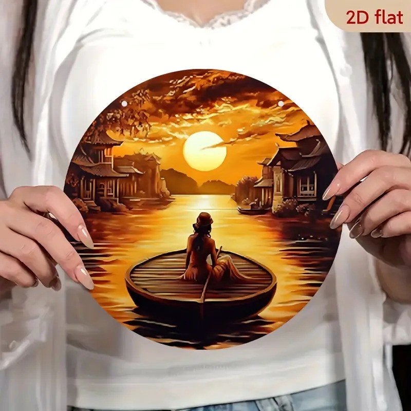 Vintage Vietnamese Landscape Metal Art Woman in Boat Asian Decor Round