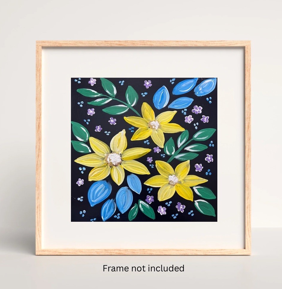 Folk Art Yellow Flowers VLP Original Acrylic 8x8” Canvas Panel